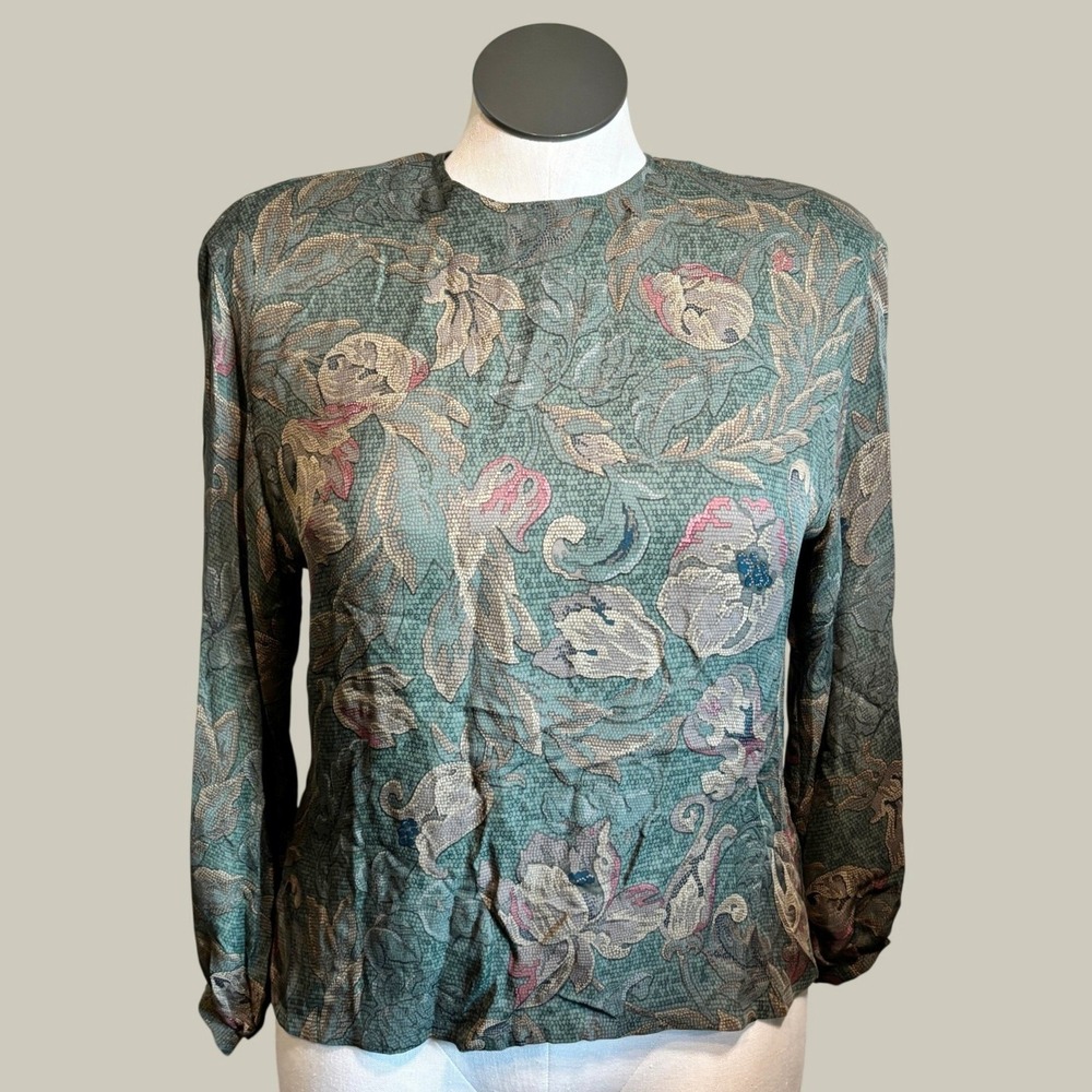 Linda Allard Ellen Tracy Women Blouse 8P Green Vtg Silk Floral Button Back Fairy